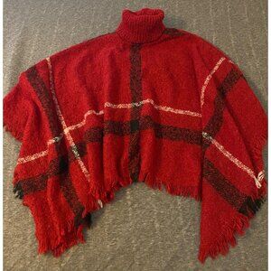 Womens Pink Lily Boutique Red Plaid Poncho Turtleneck Poncho One Size Fringe Hem